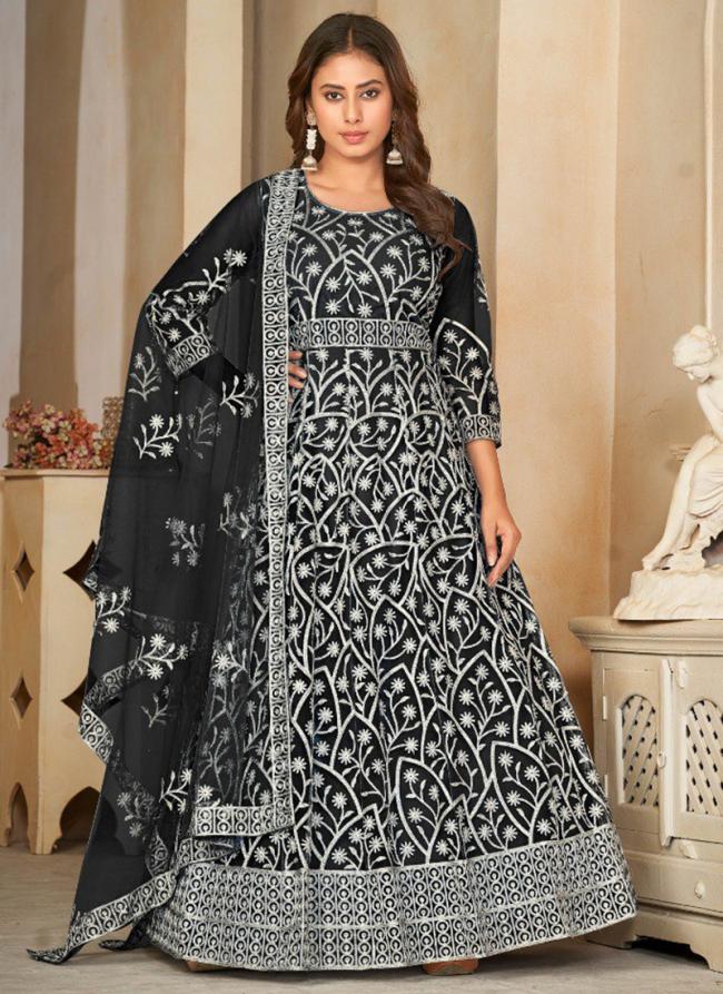 Net Black Ceremonial Wear Embroidery Work Anarkali Suit